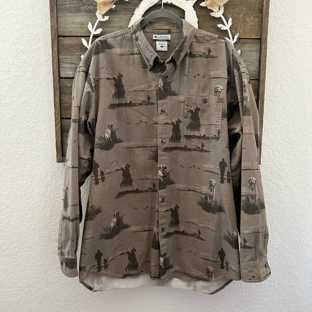 Columbia River Lodge hunting dog print button down 100% cotton shirt men’s XL